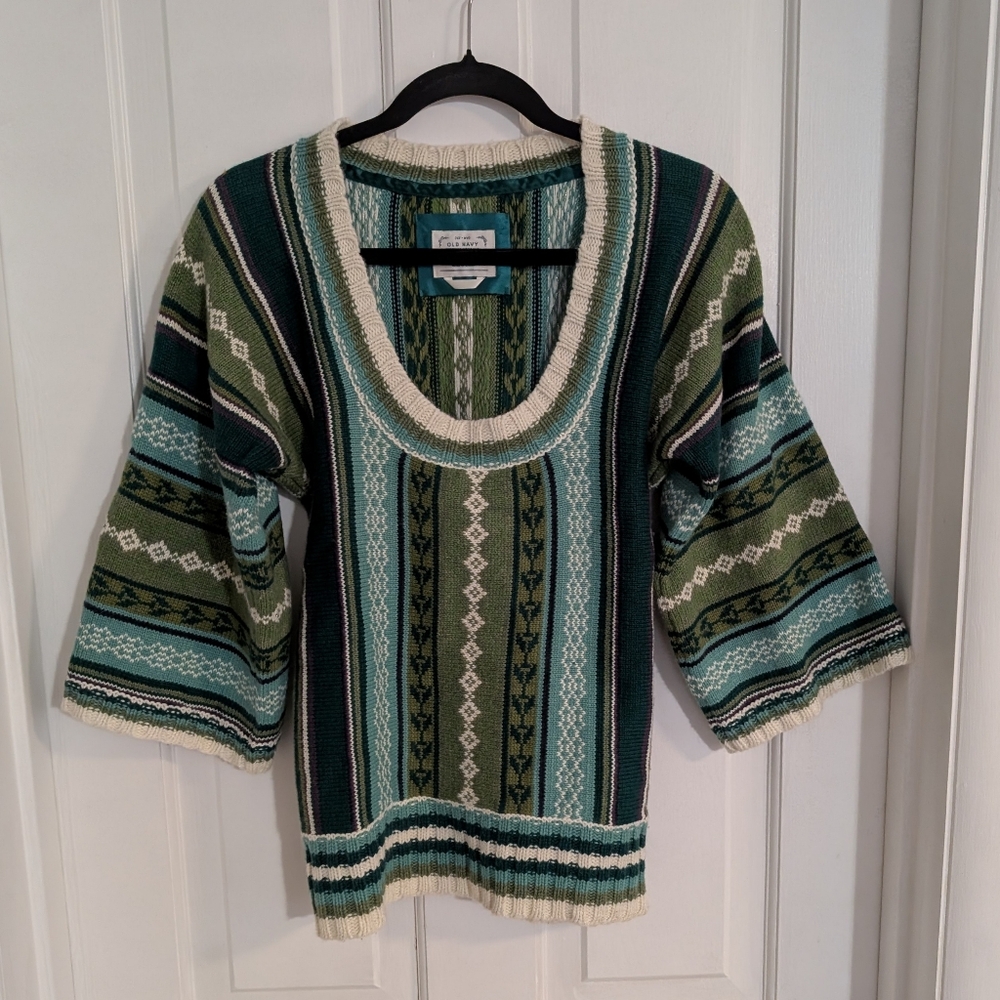Old Navy Y2K Sweater XTRA SMALL Festival Boho‎ Hippie Indie Earthy Striped Scoop